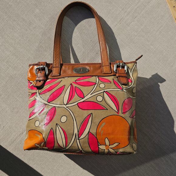 Vintage Fossil Key-Per Coated Canvas Fun Tan and Pink Print Medium Stachel Clean - Picture 3 of 13